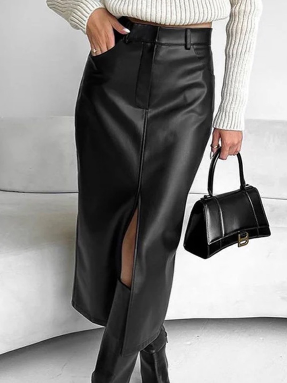 NWT Commense black Faux Leather Slit Midi Skirt small - Picture 2 of 8